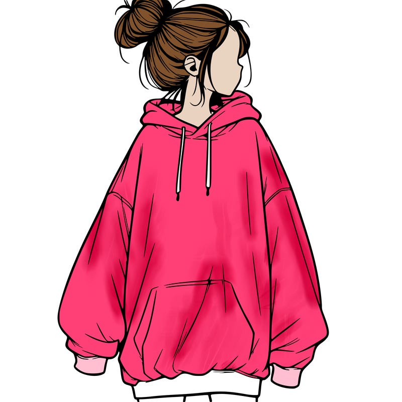 realistic girl with a oversized sweatshirt on and a bun