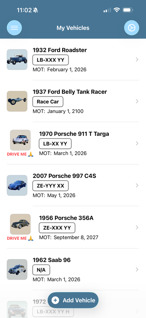 TOYZZ - A list of classic and modern cars in the TOYZZ app showing model names and MOT dates