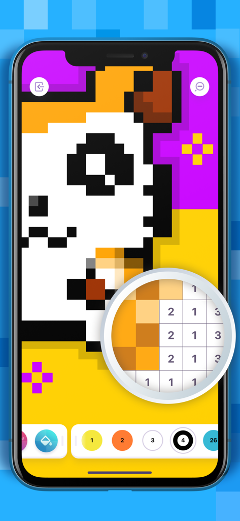 Bildschirm einer Pixelkunst-Mal-App mit einem Panda und einer Lupe über nummerierten Quadraten.