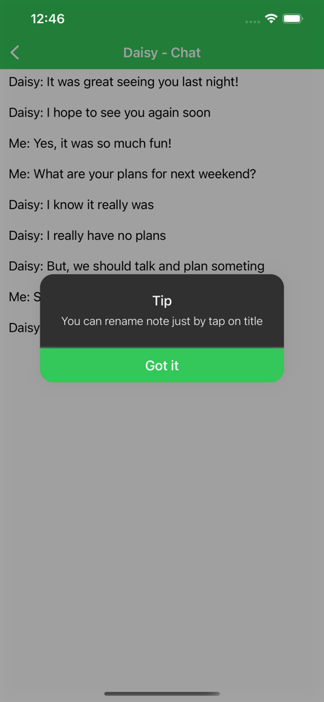 Secure Chats for WhatsApp WA - Ein Chat-Gespräch in Secure Chats for WhatsApp mit einem Tipp zum Umbenennen von Notizen.