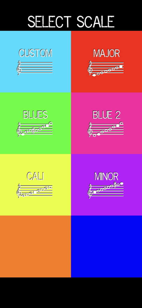 Pocket Talkbox - Selection screen for musical scales in the Pocket Talkbox app featuring major minor and blues options