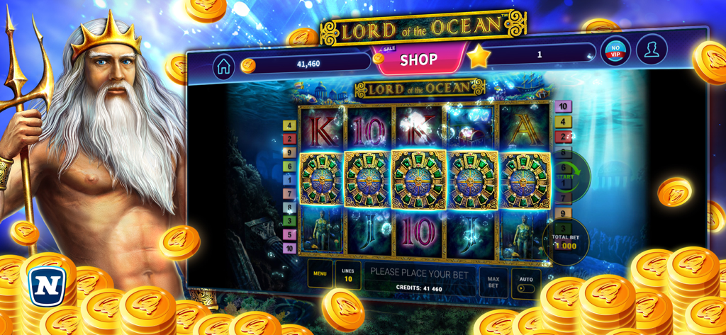 Lord of the Ocean™ Slot - A slot machine interface for Lord of the Ocean featuring Poseidon and golden coins in an underwater theme