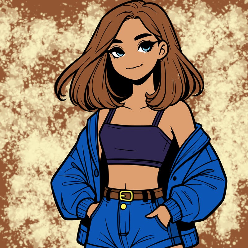 a realistic girl with a crop top and short shorts in an open jacket