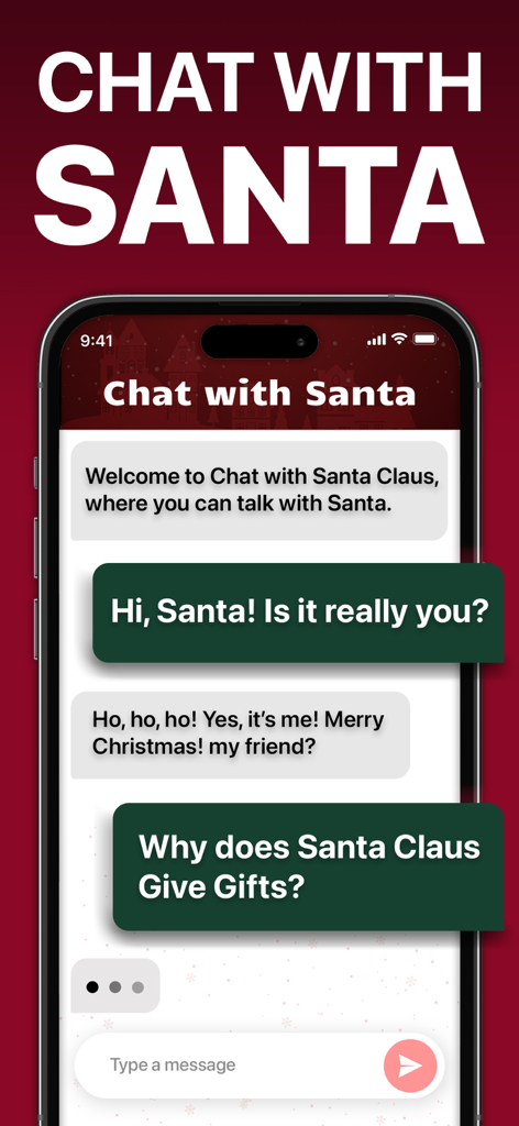 Santa Claus Call Video Chat - Smartphone screen showing the Chat with Santa feature with text messages from Santa Claus