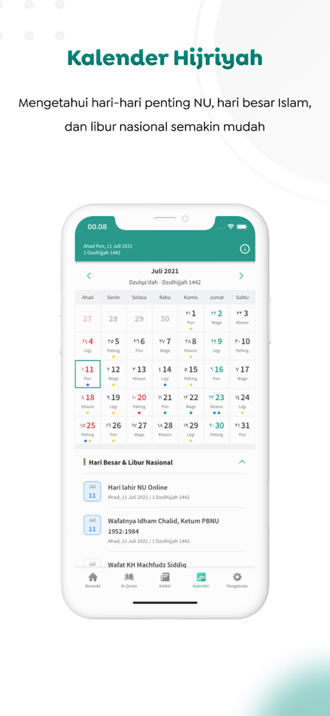 NU Online - Super App - NU Online Super App Hijri calendar showing Islamic dates and Indonesian market days