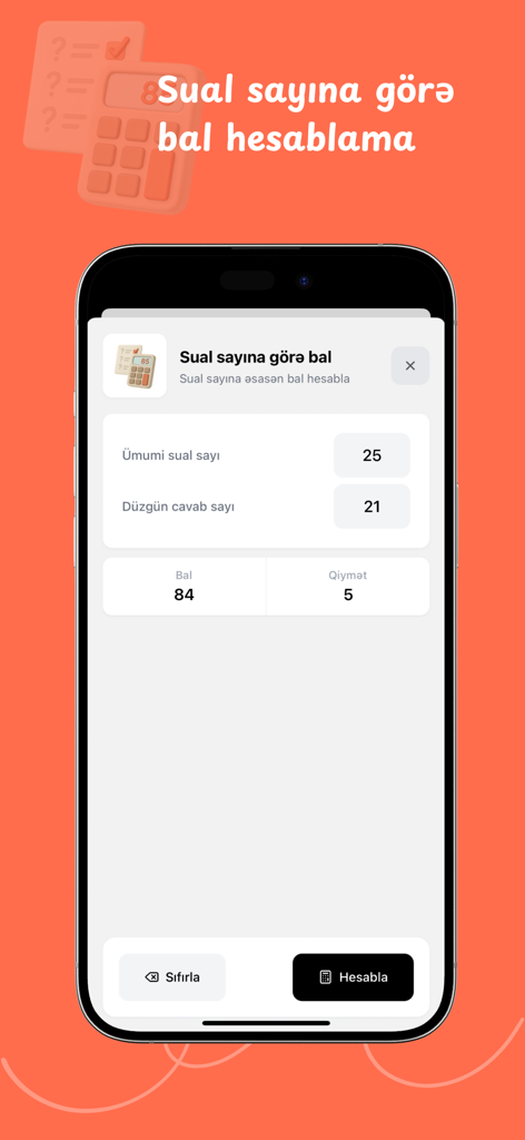 Təhsil Kalkulyatoru - アゼルバイジャンでの質問数に基づいた生徒の成績と点数を計算するためのモバイルアプリのインターフェース