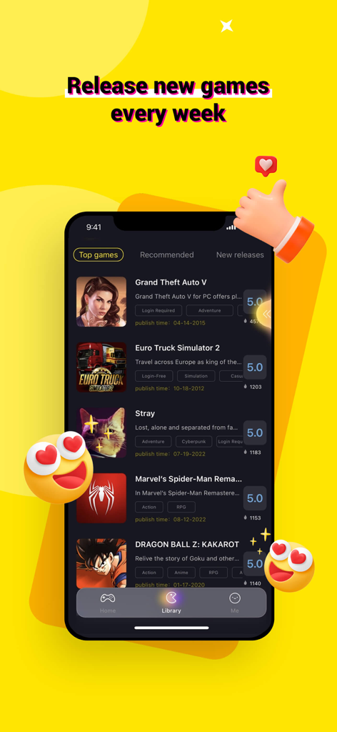 JoyArk Cloud Gaming - PC Games - Interfaccia dell'app JoyArk che mostra un elenco dei migliori giochi per PC disponibili per il cloud gaming su mobile.