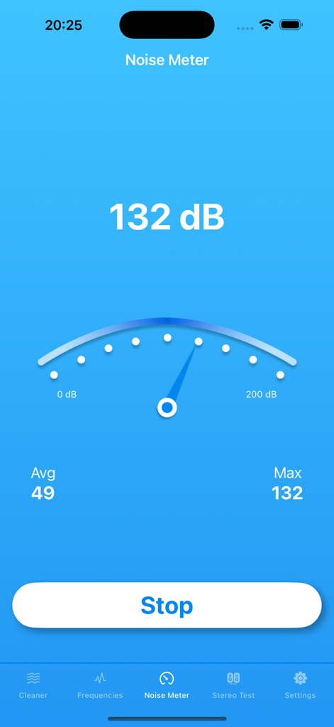 Noise Meter feature in the Speaker Fix app showing a decibel measurement screen