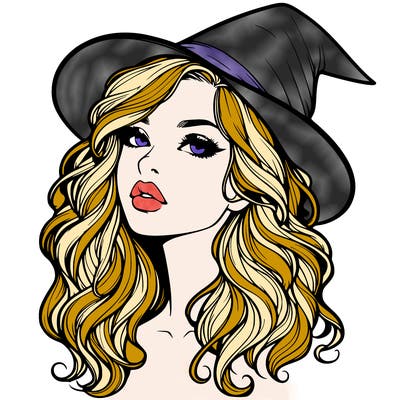 realistic witch girl with wavy hair and lips