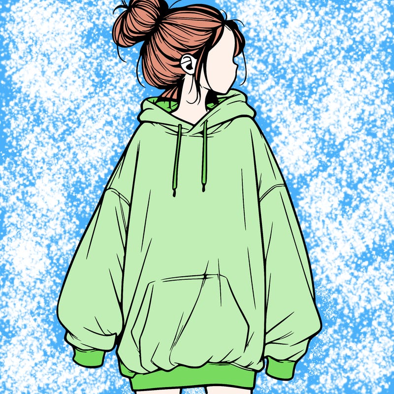 realistic girl with a oversized sweatshirt on and a bun