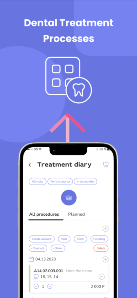 Dent app for teamwork practice - A smartphone displaying a dental treatment diary for managing patient visits and procedures