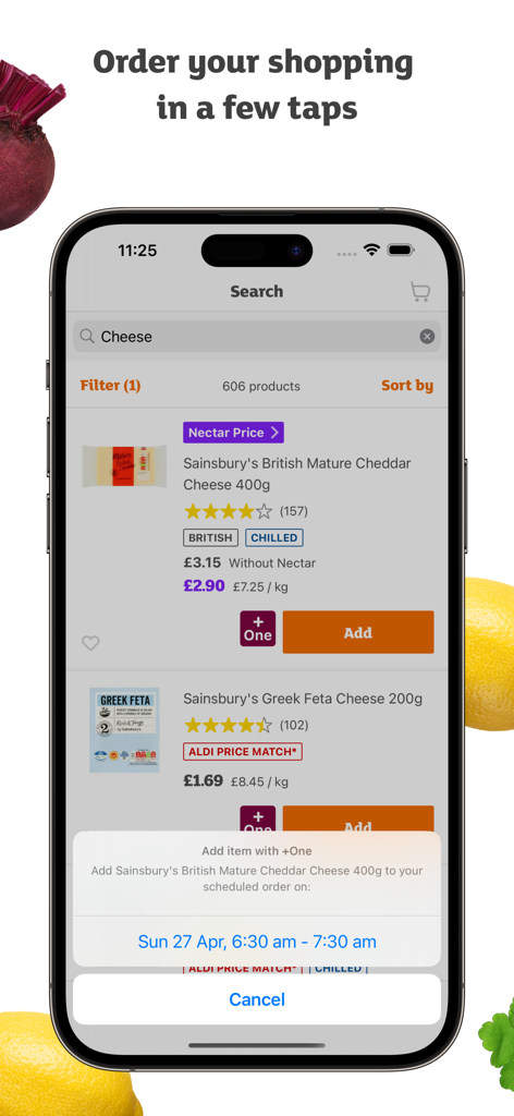 Sainsburys grocery app interface showing cheese search results and a delivery slot selection window