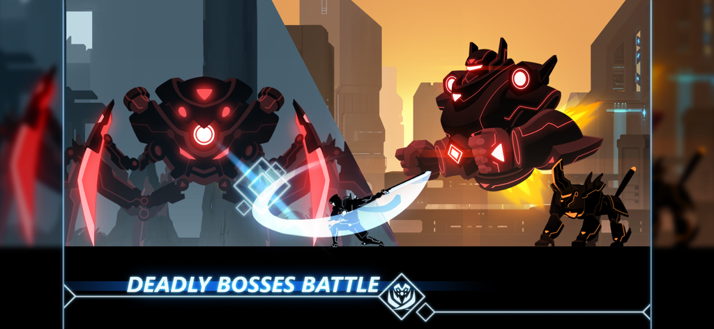 Overdrive Ninja Shadow - サイバーパンクの設定で、巨大なロボットボスと戦う忍者のキャラクター