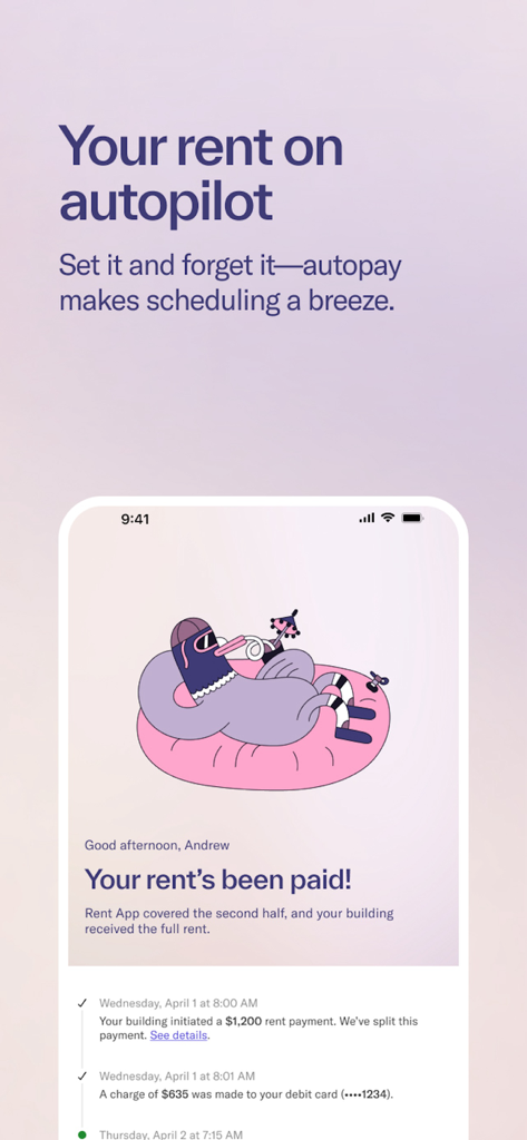 Split Pay by Rent App - Exibição de smartphone mostrando a tela de confirmação de pagamento automático do Split Pay by Rent App com o título Seu aluguel no piloto automático.