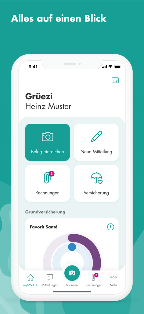 User dashboard of the mySWICA insurance app featuring options to submit receipts and view coverage details