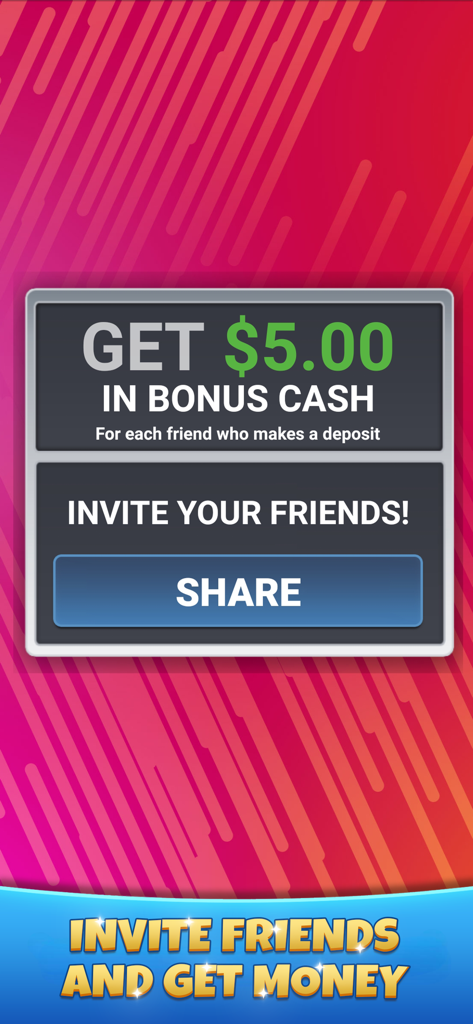 Pachinko Arcade - Plinko Cash - A referral program screen for the Pachinko Arcade - Plinko Cash app offering a five dollar bonus for each friend invited who makes a deposit.