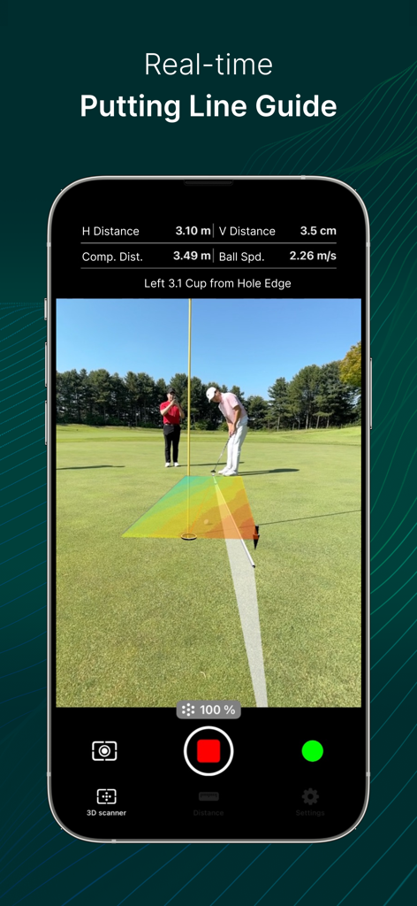 PerfectLine: Putting Guide - 골프 코스에서 실시간 증강 현실 퍼팅 라인과 그린 경사 데이터를 보여주는 스마트폰 화면.