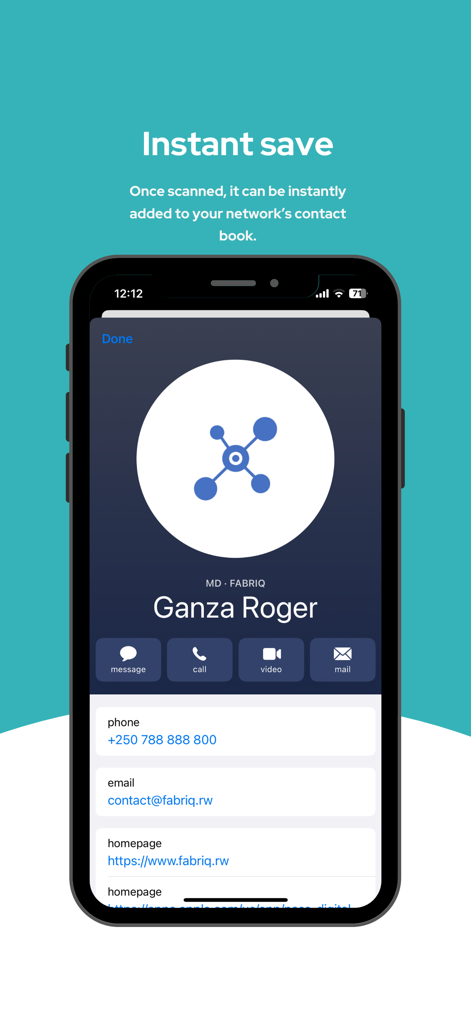 Nami - A business card - Interfaccia dell'app Nami che mostra un biglietto da visita digitale con dettagli di contatto e funzione di salvataggio istantaneo