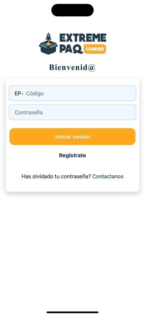 Extreme Paq - Login screen of the Extreme Paq courier app featuring input fields for code and password in Spanish