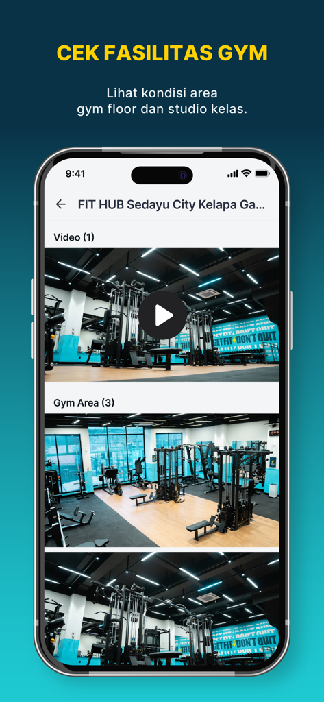 FIT HUB | Gym & Fitness App - Una pantalla móvil de la aplicación FIT HUB que muestra fotos y un video del área de entrenamiento y el equipo de un gimnasio.