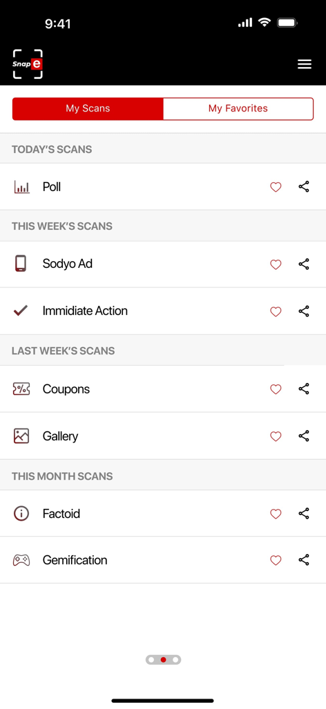 A tela de histórico do aplicativo Snap e Scan mostrando uma lista de conteúdos de TV interativos escaneados recentemente