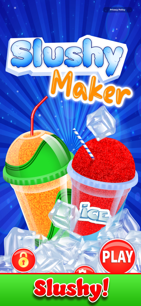 Tela principal do jogo Slushy Maker com bebidas congeladas coloridas e um botão de play