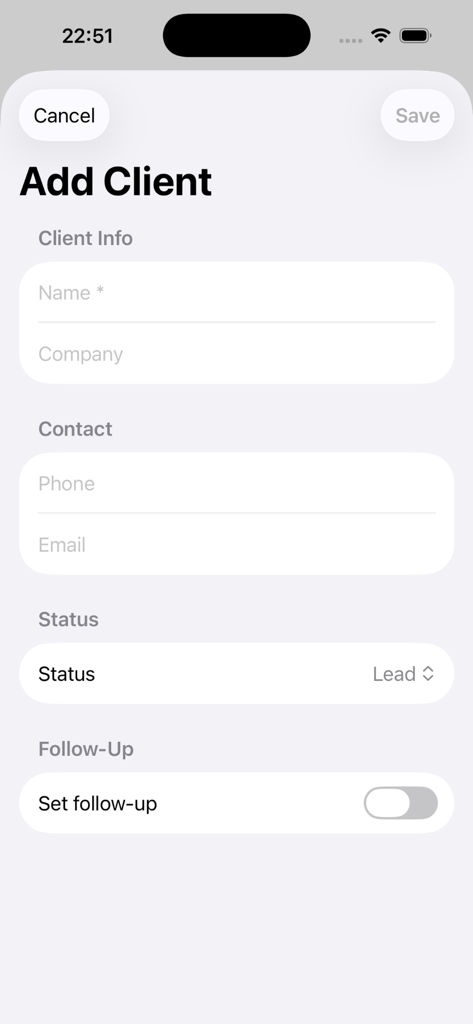 Client Journal - Add Client screen in the Client Journal app showing input fields for name, company, contact information, and follow-up toggle