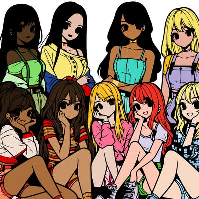 group of 9 teenage girls realistic manga