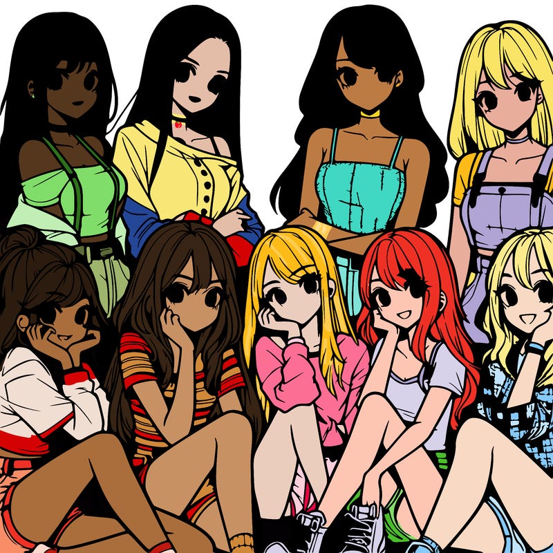 group of 9 teenage girls realistic manga