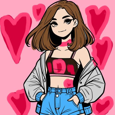 a realistic girl with a crop top and short shorts in an open jacket