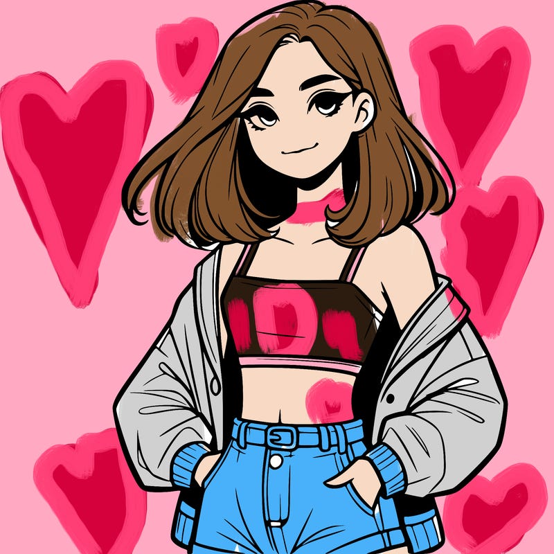 a realistic girl with a crop top and short shorts in an open jacket