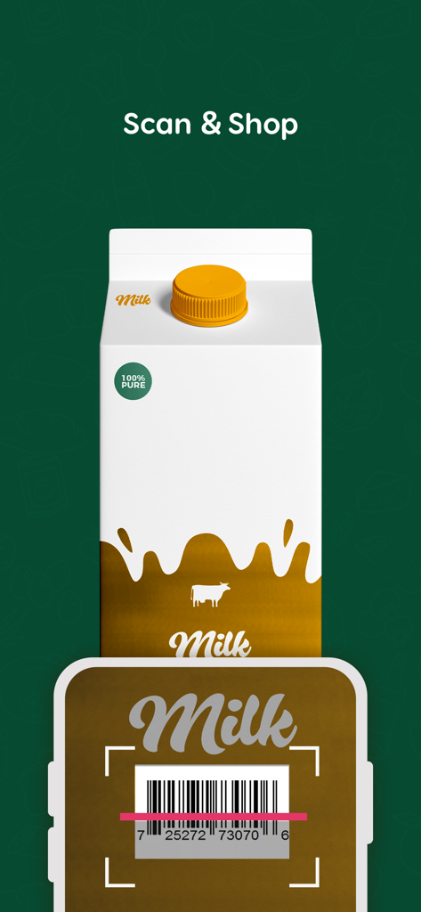 Ubi: Shop Different - Smartphone scanning a milk carton barcode with the Ubi grocery app
