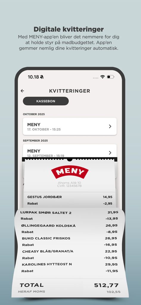 MENY Danmark - MENY Danmarkアプリのデジタルレシートリストと詳細な食料品レシートビュー。