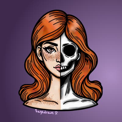 bust of a woman, half face and hair, half skull