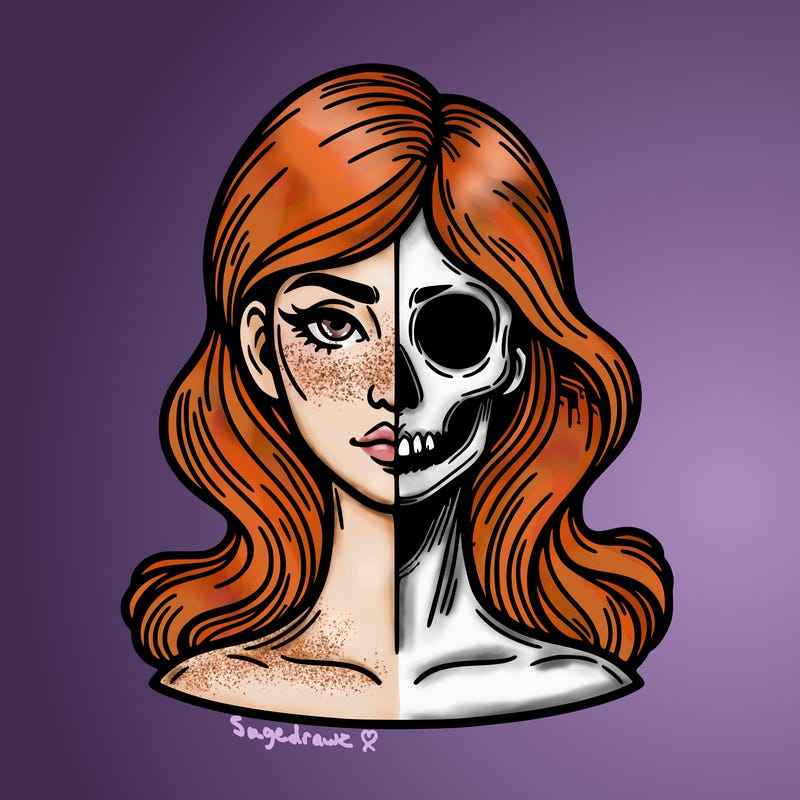 bust of a woman, half face and hair, half skull