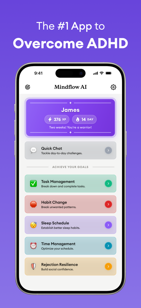 Panel de Mindflow AI mostrando el progreso del usuario y los objetivos de gestión de tareas y cambio de hábitos.