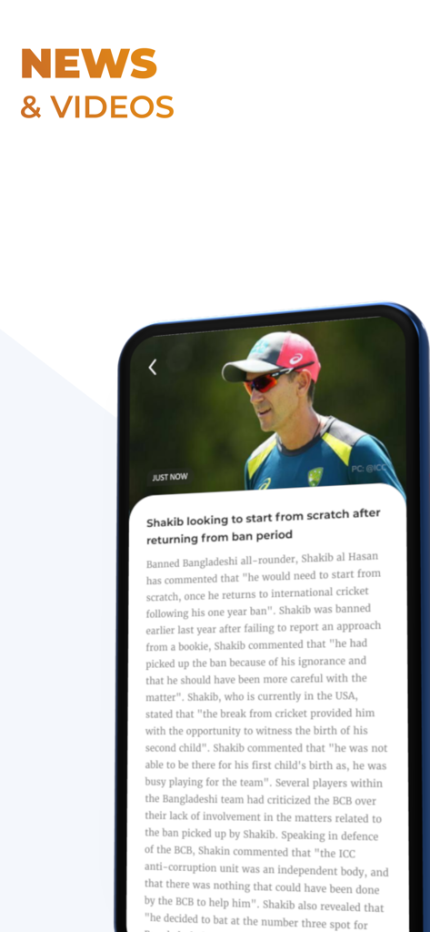 OneCricket - Mobile app screen showing the latest cricket news and video section