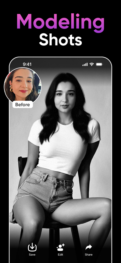 AI Photo Generator: Remake AI - AI generated black and white professional modeling portrait in Remake AI app