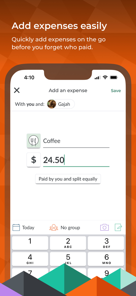 Splitwise mobile app interface for adding and splitting a coffee expense with a friend