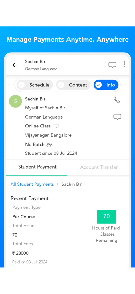 UrbanPro for Tutors - UrbanPro for Tutors app screen showing student payment history and class hours remaining