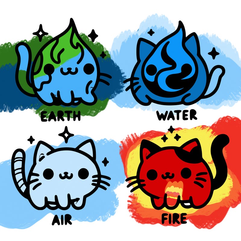 4 cats that represent the different elements, earth, water, air, and fire