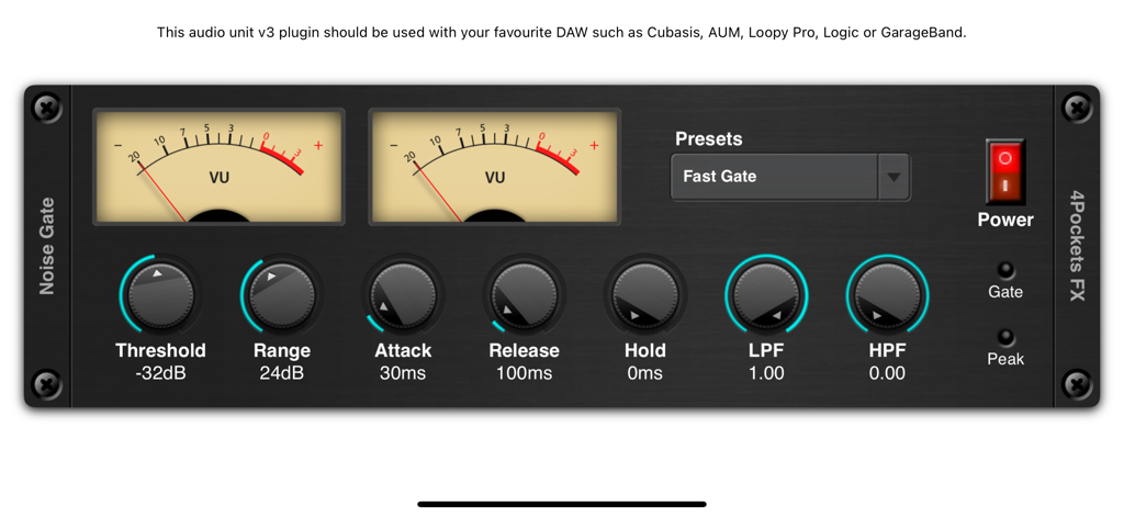 Noise Gate AUv3 Plugin - Interface of the Noise Gate AUv3 Plugin with analog VU meters and control knobs