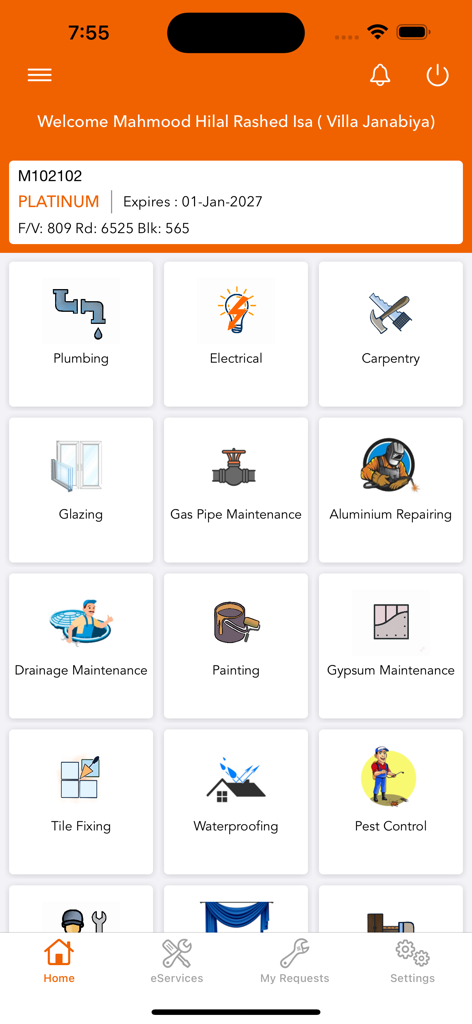i-Fix - i-Fix app home screen dashboard displaying maintenance service categories like plumbing and electrical