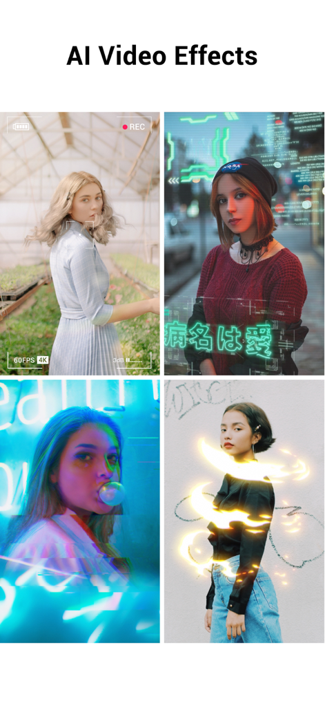YouCut - AI Video Editor - A collage of four different video clips showcasing AI effects like cyberpunk overlays and neon light trails