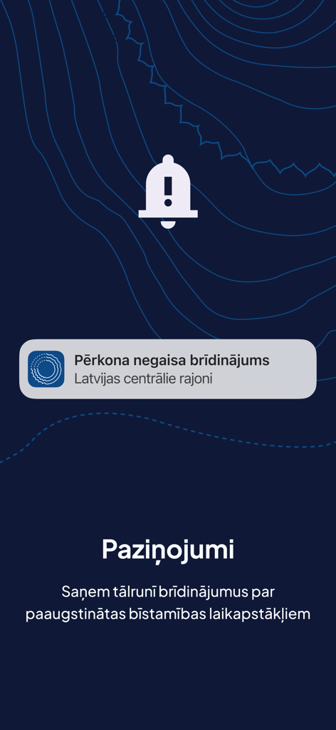 Una pantalla de aplicación móvil para Meteo.lv que muestra una notificación de advertencia de tormenta y detalles de alerta meteorológica.