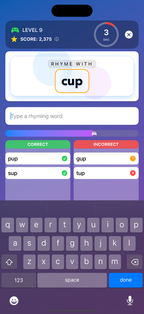 RhymeRally: Rhyming Word Game - Gameplay screen of RhymeRally showing a word puzzle challenge to find rhymes for the word cup.