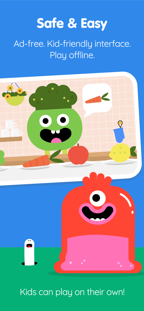 Thinkrolls School Edition app interface showing colorful cartoon characters and text highlighting its safe, ad-free, and offline play features for children.