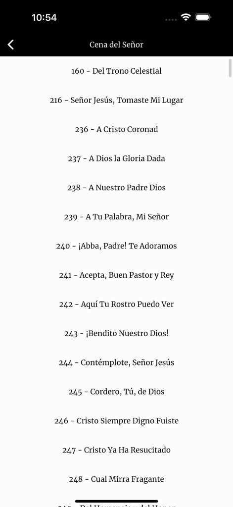 Elenco di inni spagnoli per la sezione Cena del Signore nell'app