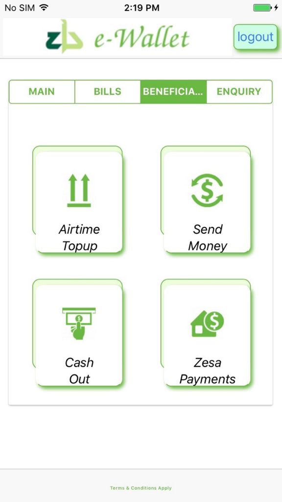ZB eWallet - ZB eWallet mobile app main interface displaying options for airtime topup send money cash out and Zesa payments