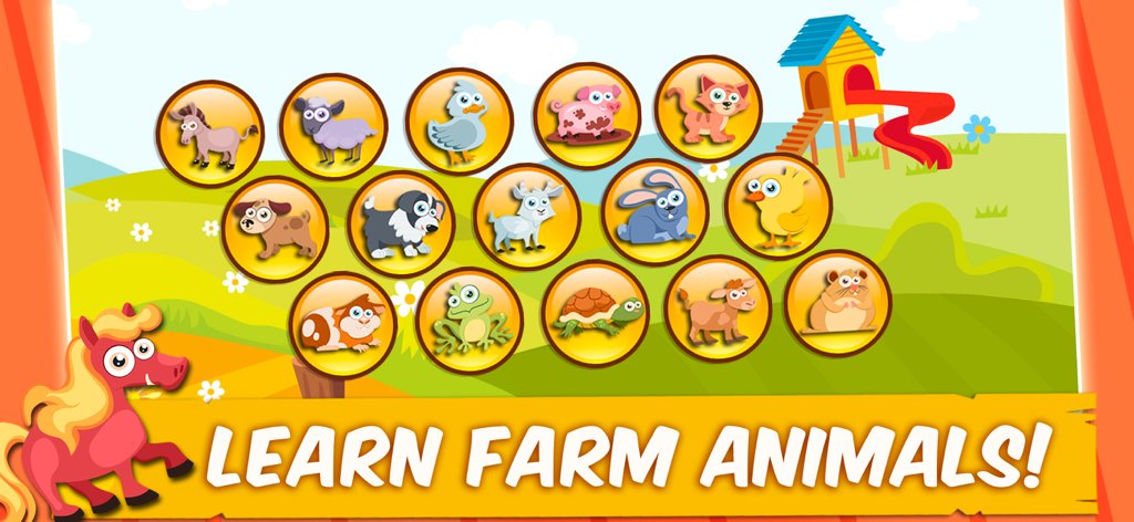 Farm:Animals Games for Kids 2+ - Learning screen with various farm animal icons in a colorful farm setting for toddlers